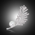 Élégante broche en perle et feuille ornée de strass brillants en finition argent - Style Or Blanc (C027-A)