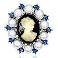 Vintage oval relief brooch with goddess silhouette and blue rhinestones on white background - Vintage Cameo Style (C064-A)