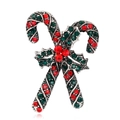 Close-up of Christmas candy cane brooch with red and green rhinestones and holly berries - Silver Crossed Candy Cane Style (AL114-A)