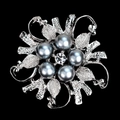 Silver flower brooch featuring elegant grey pearls and central clear rhinestone - Silver Base Gray Pearl (AA077-A)