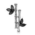 Broche en forme de bambou avec pierres marquises noires et strass brillants sur fond blanc - Style Feuille Noire Bronze à Canon (C493-A)
