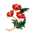 Elegante spilla a fiore di papavero rosso con foglie di smalto verde e finitura dorata - Stile Fiore Lussureggiante Papavero Rosso (C438-A)