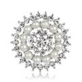 Elegante broche de sol plateado con perlas blancas y brillantes piedras de strass - Estilo Radiante Plateado (D008-A)