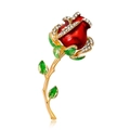 Eleganter roter Rosen-Anstecknadel mit Emaille-Blättern und funkelnden weißen Kristallen - Rosenrot Stil (C069-A)