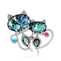 Fashionable double cat brooch featuring colorful abalone shell and crystal accents - Iridescent Double Cat Design (B177-A)