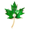 Elegant green enamel maple leaf brooch with center pearl and sparkling crystals - Green (C070-A)