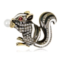 Sparkling crystal squirrel brooch with enamel finish and pearl accent on white background - Black and White Enamel Squirrel (B175-A)