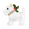 Spilla a forma di cane di Natale con collare di strass e decoro in smalto agrifoglio - Terrier Bianco (C506-B)