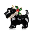 Spilla Scottish Terrier in smalto nero con agrifoglio natalizio e fiocco di strass - Terrier Nero (C506-A)