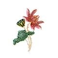 Spilla loto vintage con cristalli rosa e smalto verde su base in lega dorata di lusso - Nuovo Stile Foglia di Loto Dipinta Vintage (B200-A)