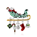 Weihnachtsschlitten-Brosche mit bunten Anhängern und funkelnden Strasssteinen auf grünem Emaille - Klassischer Weihnachtsschlitten Stil (C590-A)