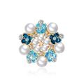 Elegant blue enamel flower brooch with pearls and sparkling crystals on a gold alloy base - Blue Flower Style (C592-A)