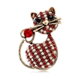 Vintage cat brooch with colorful rhinestones and large red gemstone on white background - Red Rhinestone Gold Cat (B266-B)