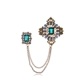 Vintage Baroque double chain brooch with emerald green gemstone and intricate gold detail - 古金色(B263-A)