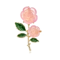 Elegante rosa Rosen-Blumenbrosche mit grünen Blättern und goldenem Stiel für Damen - Rosa Doppelrosen-Stil (C664-A)