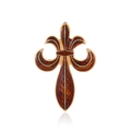 Macro detail of vintage fleur-de-lis brooch with amber enamel and gold finish - Amber Brown Style (C198-A)