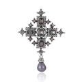 Barocke Silber-Kreuzbrosche mit smaragdgeschliffenen Kristallen und Perle - Dunkelgrauer Kristall Mit Grauer Perle (B091-A)