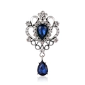 Vintage baroque silver brooch with deep blue pear-cut glass drops and sparkling crystals - Silver Blue Water Drop Style (C202-A)