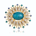 Broche de flor vintage con piedra azul celestial y cristales brillantes finos - Azul (FG030-A)