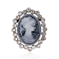 Vintage zilveren camee broche met strasrand en elegant damesportret - Zilver Stijl (AL1181-A)