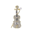 Elegante broche de violín dorado con diamantes de imitación y una perla blanca - Estilo Violín (C274-A)