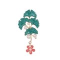 Ginkgo leaf pearl brooch with green enamel and small pink flower drop pendant - Emerald Green Ginkgo Leaf (AL1395-B)