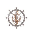 Silver and gold ship wheel anchor brooch with glittering rhinestones and chain link - Silver Wheel Gold Anchor (AL845-B)
