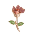 Vintage rose flower brooch with pink crystals and green leaves in gold plating - Pink Rose (C331-A)