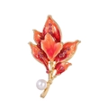 Elegant leaf brooch with orange enamel finish, pink rhinestones, and white pearl drop - Red (AL1191-C)