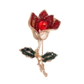 Romantic gold rose brooch with red crystal petals and emerald green rhinestone leaves - Red Rose (C331-B)