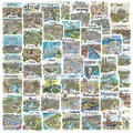 Set of 50 hand-drawn travel stickers featuring world landmarks like Paris and New York - World Travel Landmark Set (WES200)