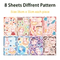 Detailed grid view of 8 cute cartoon rabbit sticker sheets with various themed scenes - 8 Sheets Per Bag / Default 8 Sheets/Bag