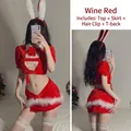 Sexy konijnenkostuum van bordeauxrood fluweel met uitgesneden top en pluche rand - Eén maat / Bordeauxrood