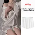 Ensemble pyjama en satin blanc style boyfriend avec chemise longue et short - S / Chemise de nuit + Short uni / Blanc