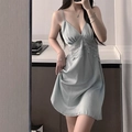 Pale blue backless satin nightgown with deep V-neck and delicate lace patchwork - M / Nightdress / Ice Blue