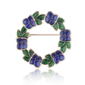 Close-up of golden floral wreath brooch with blue enamel petals and green leaves detail - Blue Flower Wreath (AL1456-B)