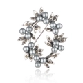 Detailed view of silver-toned flower wreath brooch with grey pearls and crystals - Gray Pearl Silver Wreath (B113-A)