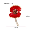 Red enamel poppy flower brooch with sparkling rhinestones and crystal stem on white background - Gray Rhinestone Poppy Long Stem Style (C431-A)