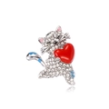 Cute rhinestone cat brooch holding a red heart with blue and pink enamel accents - Silver Cat (C756-B)