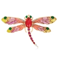 Elegante broche de libélula con alas degradadas multicolor y una gema roja en base oro - Degradado Rojo-Rosa (B377-B)