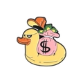 Funny yellow cartoon duck enamel pin with pink money bag and orange baseball cap - Duck with Pink Money Bag (qhxz2870)