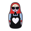Russian nesting doll enamel pin with red headscarf, sunglasses, and white heart pattern - Heart Matryoshka A (QHXZ4605)
