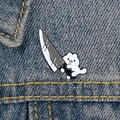Funny meme white cat holding a knife enamel pin on blue denim fabric background - Cat Holding Knife(XZ2561)