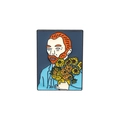 Detail of artistic Van Gogh enamel pin holding a vibrant yellow sunflower on white background - Van Gogh Holding Flowers Cartoon Style (xz3156)
