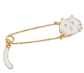 Golden paperclip style brooch with white enamel cartoon cat head and dangling tail - Gold Cat (xz222)
