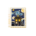 Spilla artistica a francobollo Notte Stellata Van Gogh con cabina di polizia blu - Francobollo Cabina Polizia Blu Cielo Stellato (XZ5825)