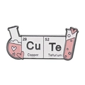 Cartoon enamel pin featuring chemical elements Cu and Te forming the word CuTe with pink flasks - CuTe Periodic Table Style (XZ6567)