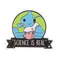 Cartoon Earth holding a pink test flask enamel pin with Science Is Real text banner - Science Is Real Earth Style (XZ6568)