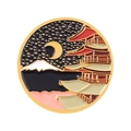 Artistic round enamel brooch with Japanese pagoda, snowy mountain and golden moon landscape - Japanese Pagoda (xz4774)