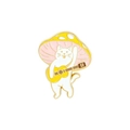 Détail du badge émaillé d'un chat blanc avec chapeau champignon et guitare jaune - Chat Guitariste (xz3868)